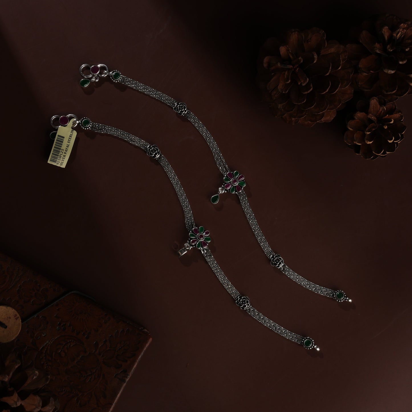 Sterling Silver Kundan Flower Patta Antique Payal