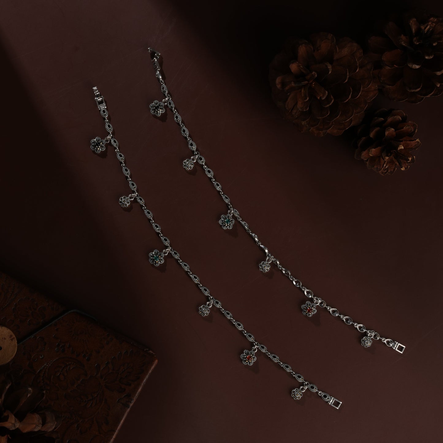 Sterling Silver Flower Charms Marcasite Antique Payal