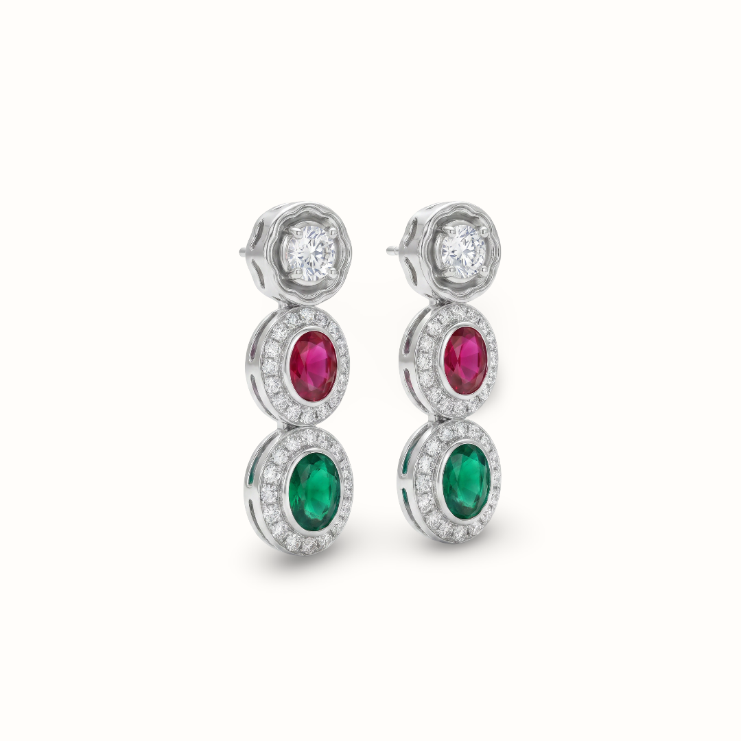 Triple Threat — Ruby Emerald Diamond Drop Earrings in Oxidised Silver