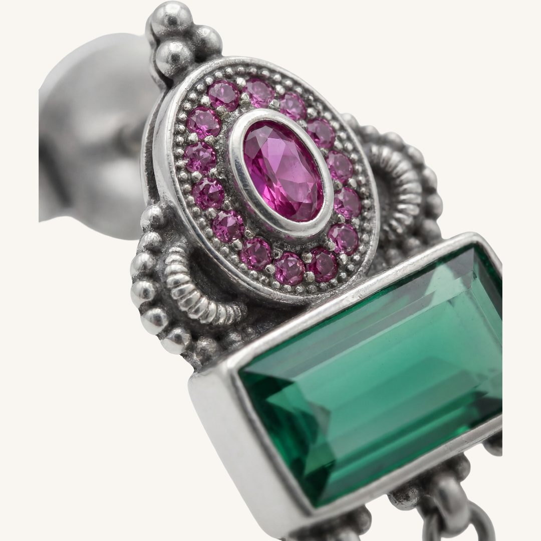 Green Flag Energy — Emerald & Pink Stone Chandelier Earrings in Oxidised Silver