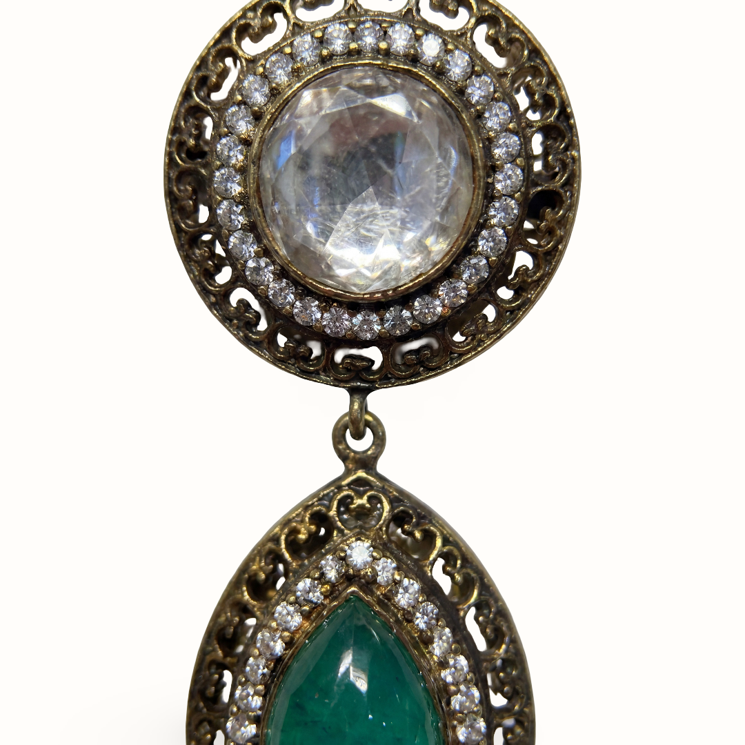 Drop Everything — Kundan & Emerald Teardrop Earrings in Oxidised Silver