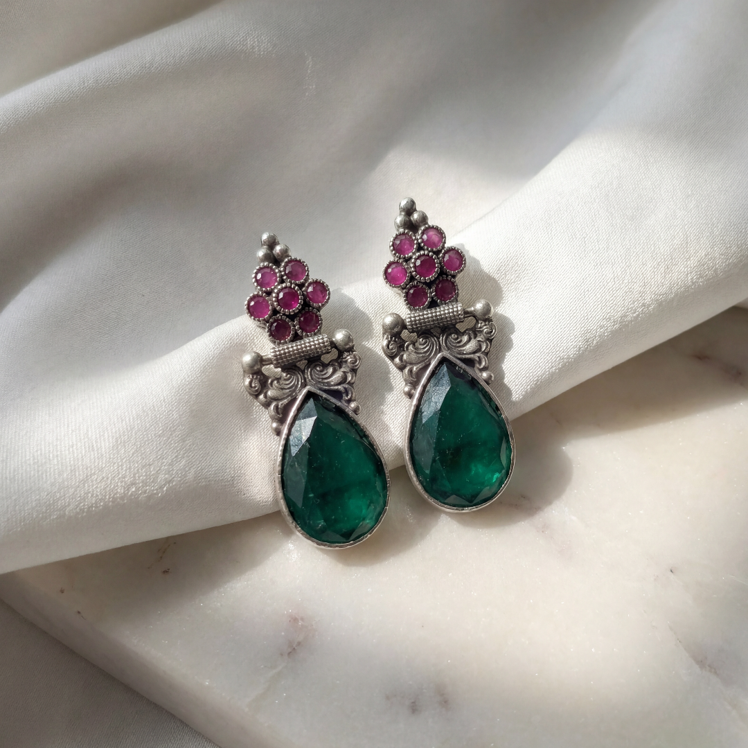 Green Flag — Emerald & Ruby Drop Earrings in Oxidised Silver