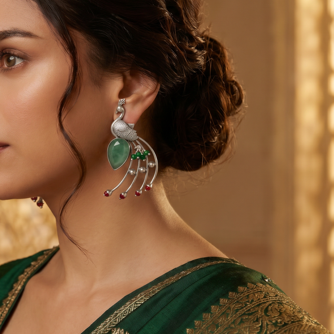 Tail Feathers Out — Peacock Erarrings in Oxidised Silver
