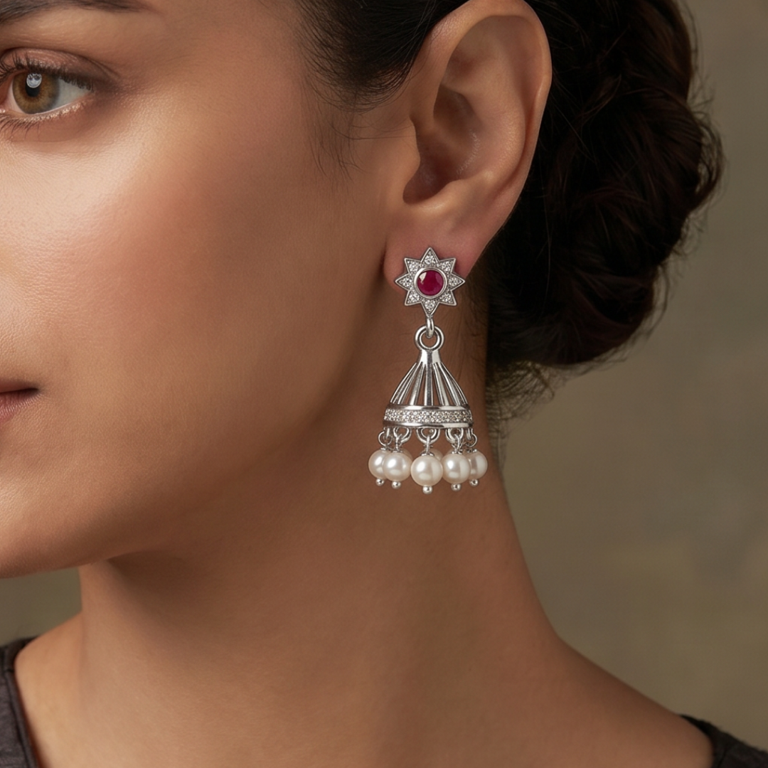 Star Power — Ruby & Pearl Jhumka in Oxidised Silver