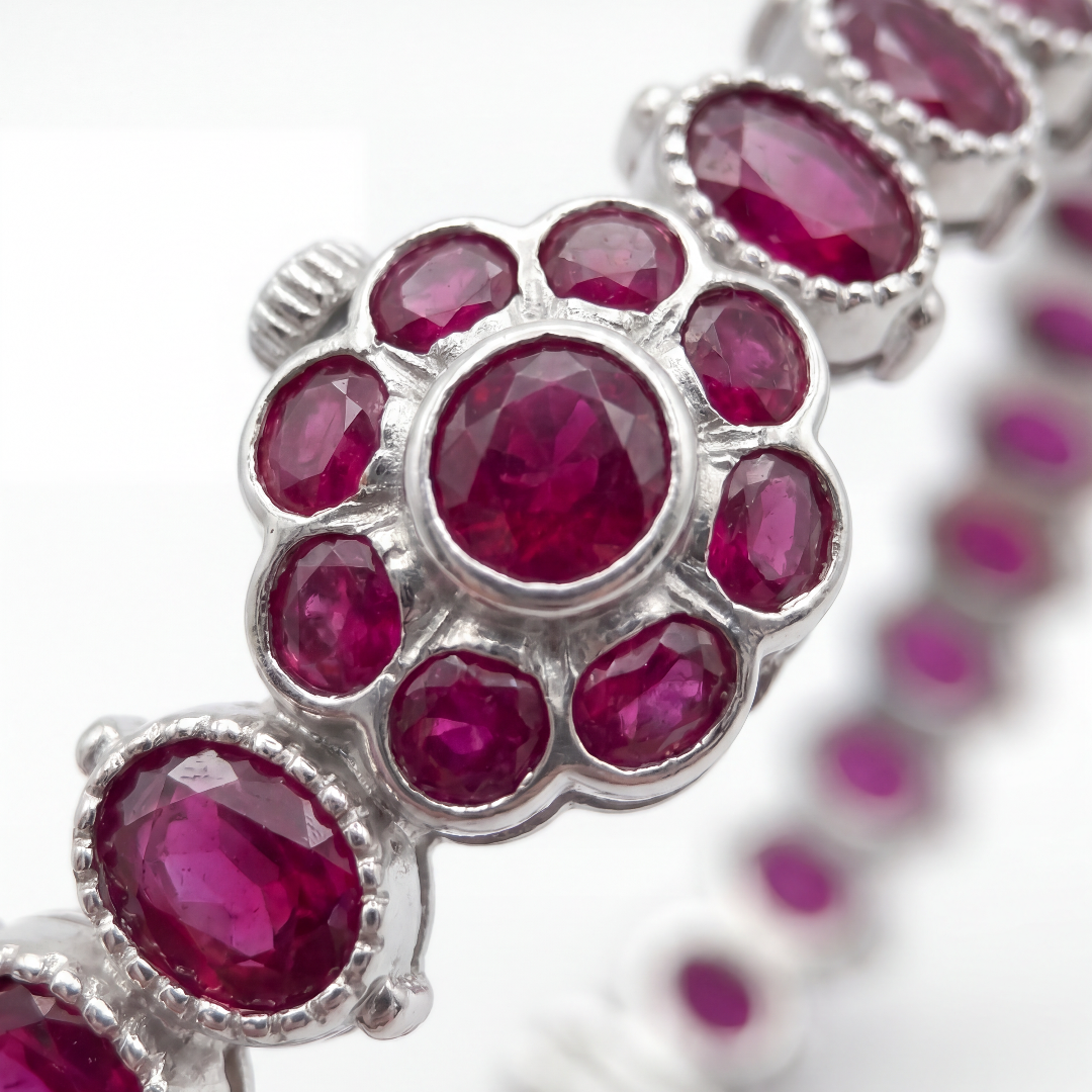 Ruby Tuesday — Oval Ruby Floral Bangle in Oxidised Silver