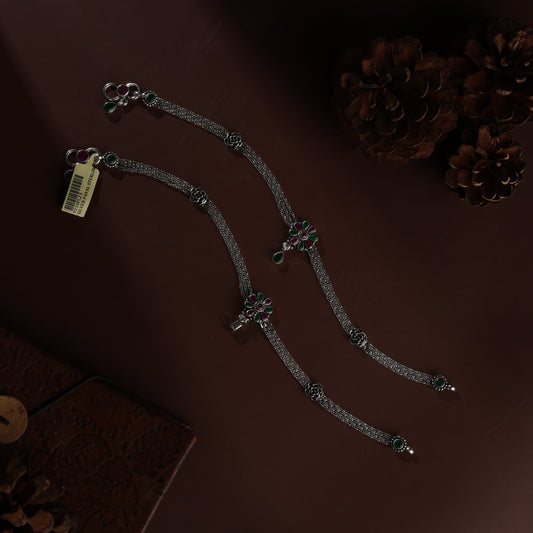 Sterling Silver Kundan Flower Patta Antique Payal