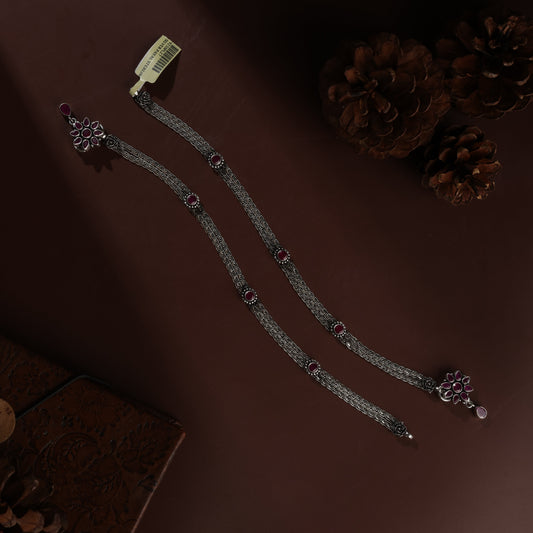 Sterling Silver Red Kundan Patta Antique Payal