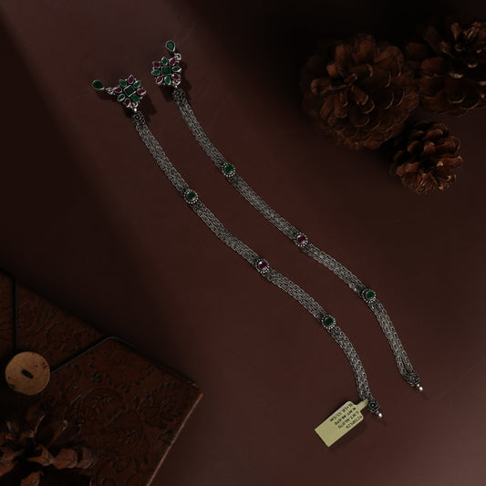 Sterling Silver Red and Green Kundan Patta Antique Payal