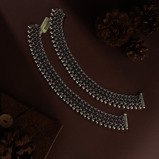 Sterling Silver Red and Green Kundan Star Antique Payal