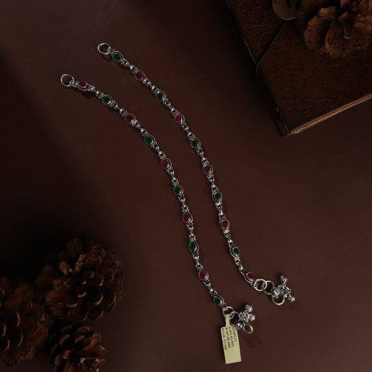 Sterling Silver Red and Green Alternate Antique Payal