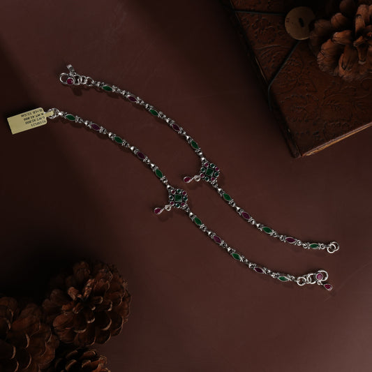 Sterling Silver Red and Green Alternate with Flower Antique Payal