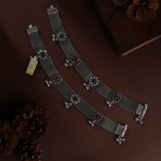 Sterling Silver Kundan Flower Broad Patta Antique Payal