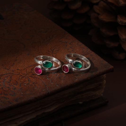 Sterling Silver Front Open Red and Green Toe Ring
