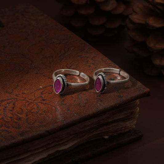 Sterling Silver Maroon Kundan Boat Toe Ring