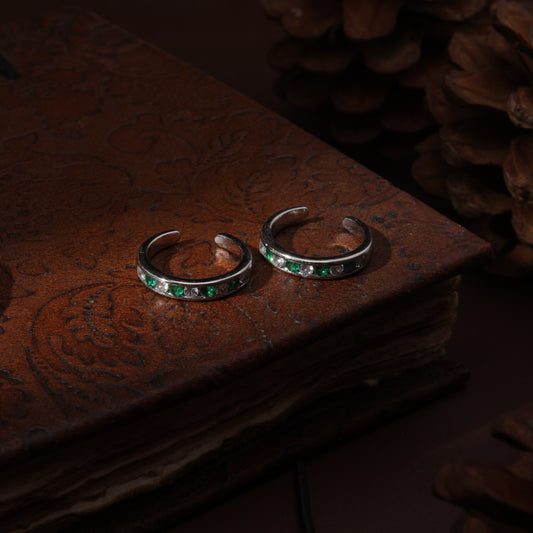 Sterling Silver Green white embedded Band Toe Ring