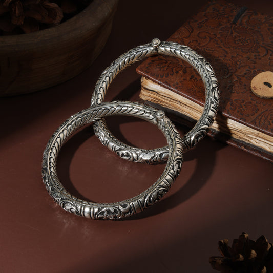 Sterling Silver Hollow Kada Engraving Antique Payal