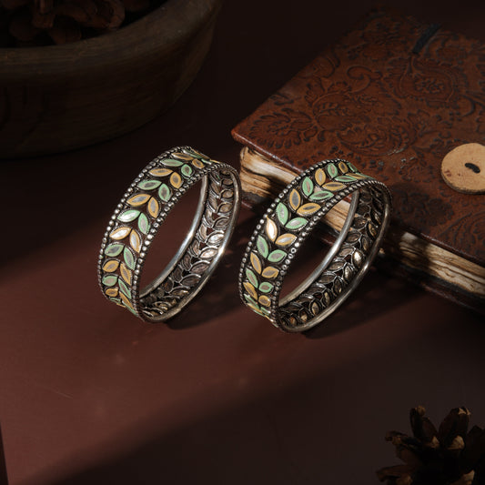 Sterling Silver Yellow and Blue Leaves Meena  Kada