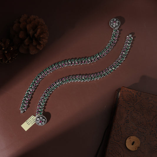 Sterling Silver Red and Green Brooch Antique Payal