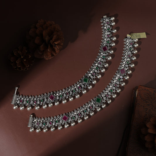 Sterling Silver Red and Green Square Screw Antique Payal