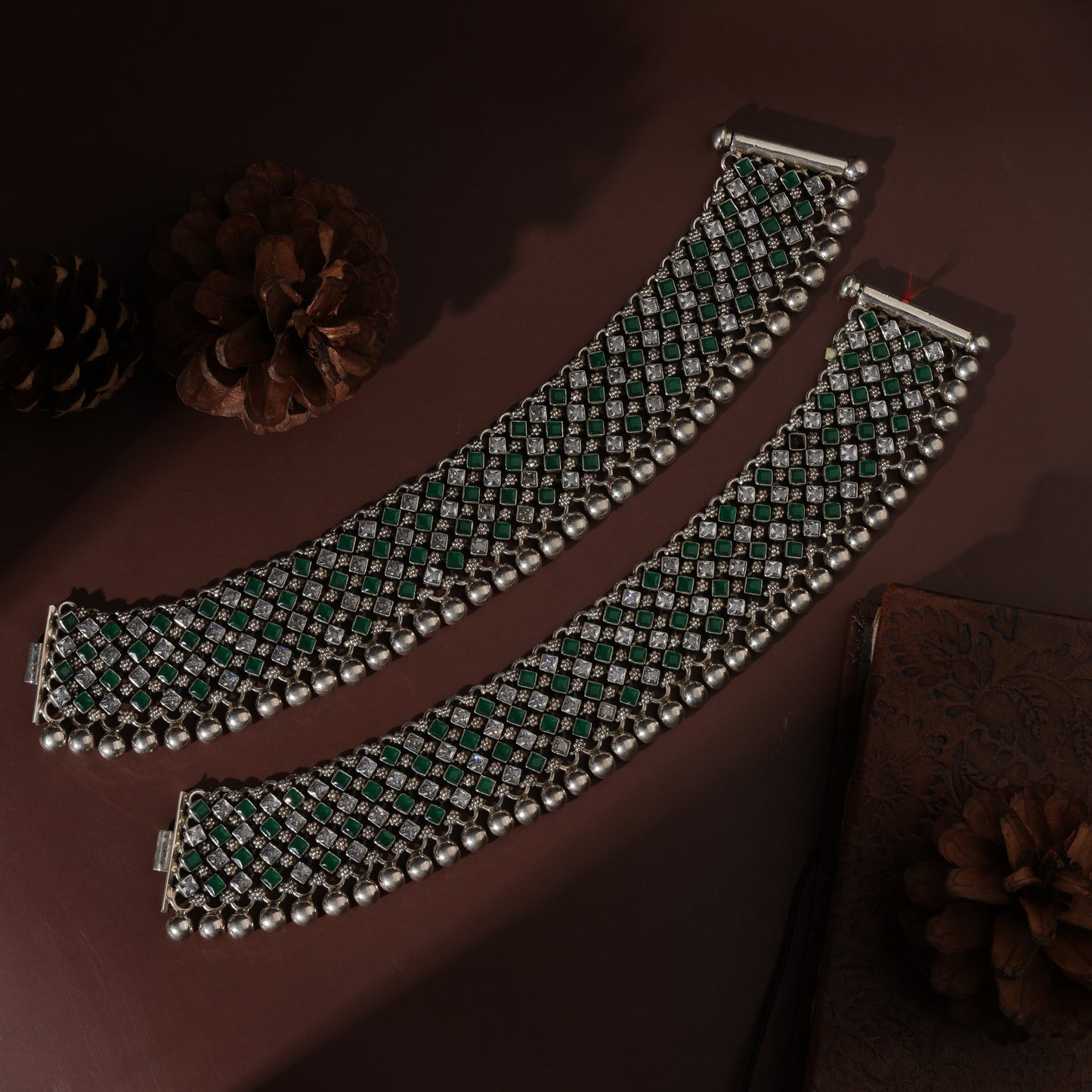 Sterling Silver Hertiage Green And White Kundan  Antique Payal