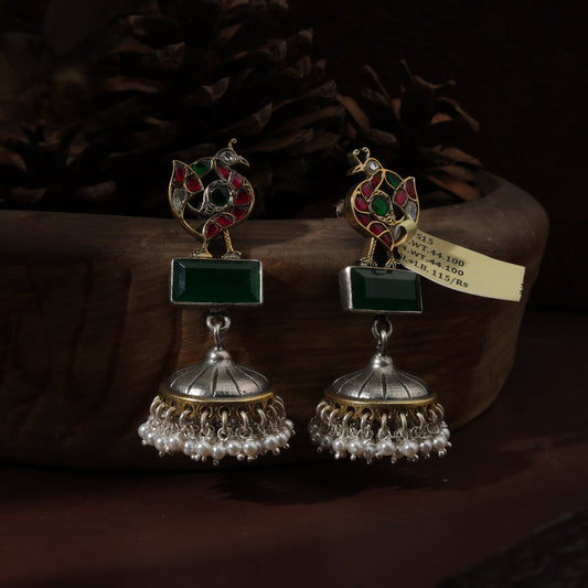 Sterling Silver Antique Peacock Emerald  Jhumka