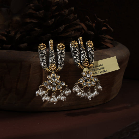 Sterling Silver Antique Trishul Basra Moti Earrings