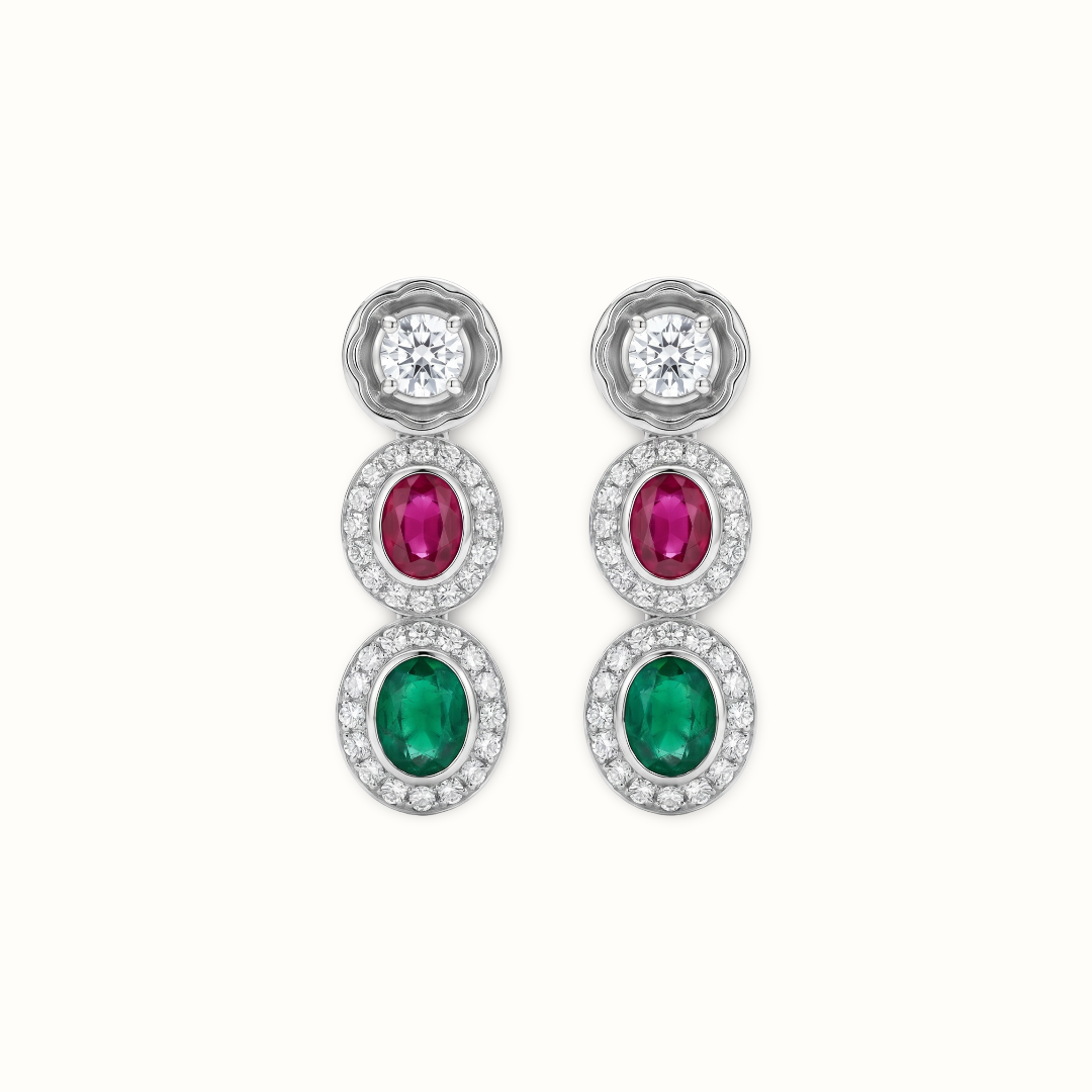 Triple Threat — Ruby Emerald Diamond Drop Earrings in Oxidised Silver