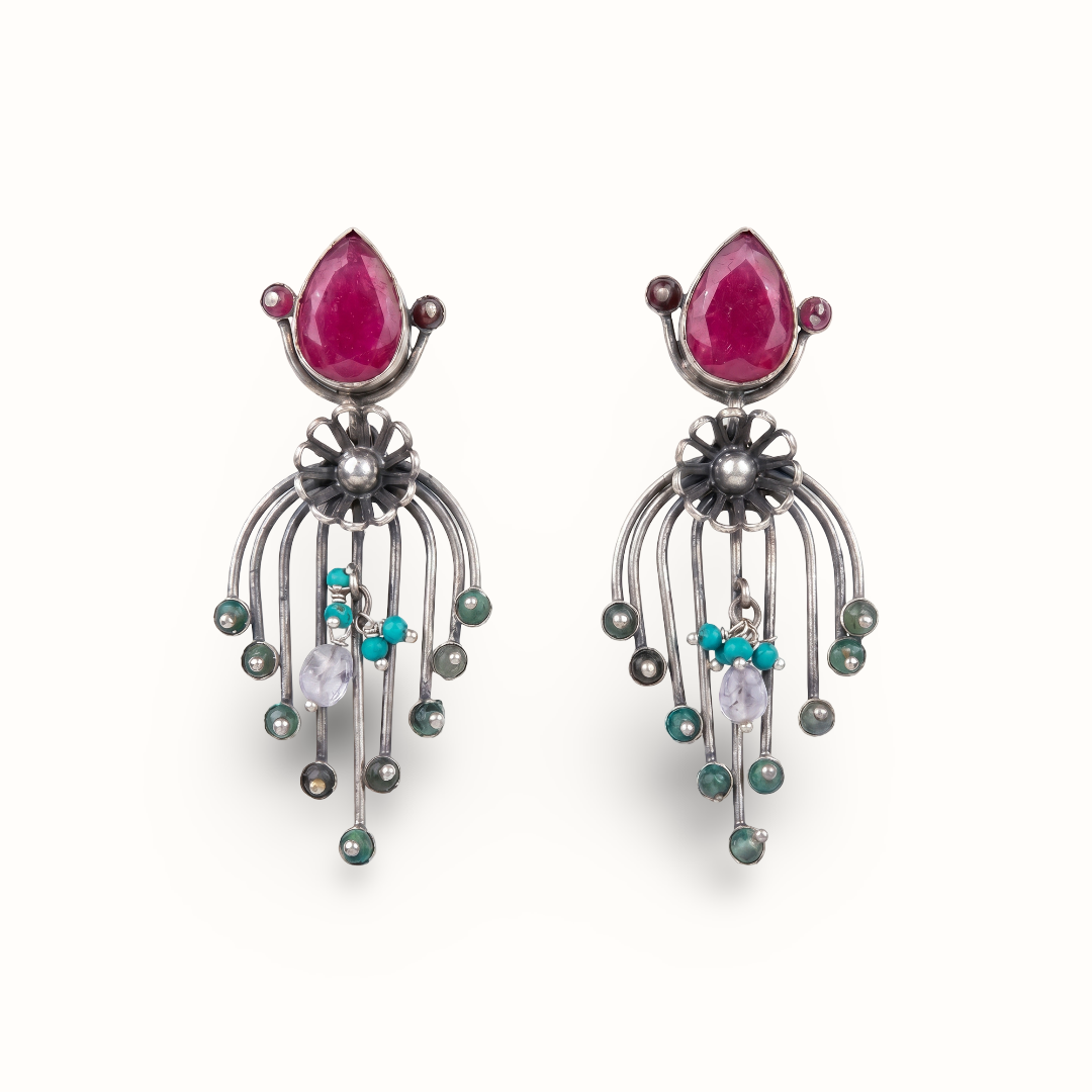 Garden Party — Ruby & Firoza Floral Drop Earrings in Oxidised Silver