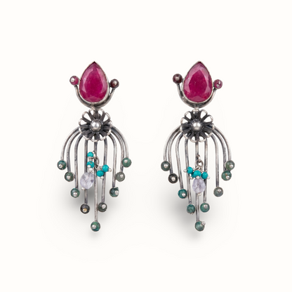 Garden Party — Ruby & Firoza Floral Drop Earrings in Oxidised Silver