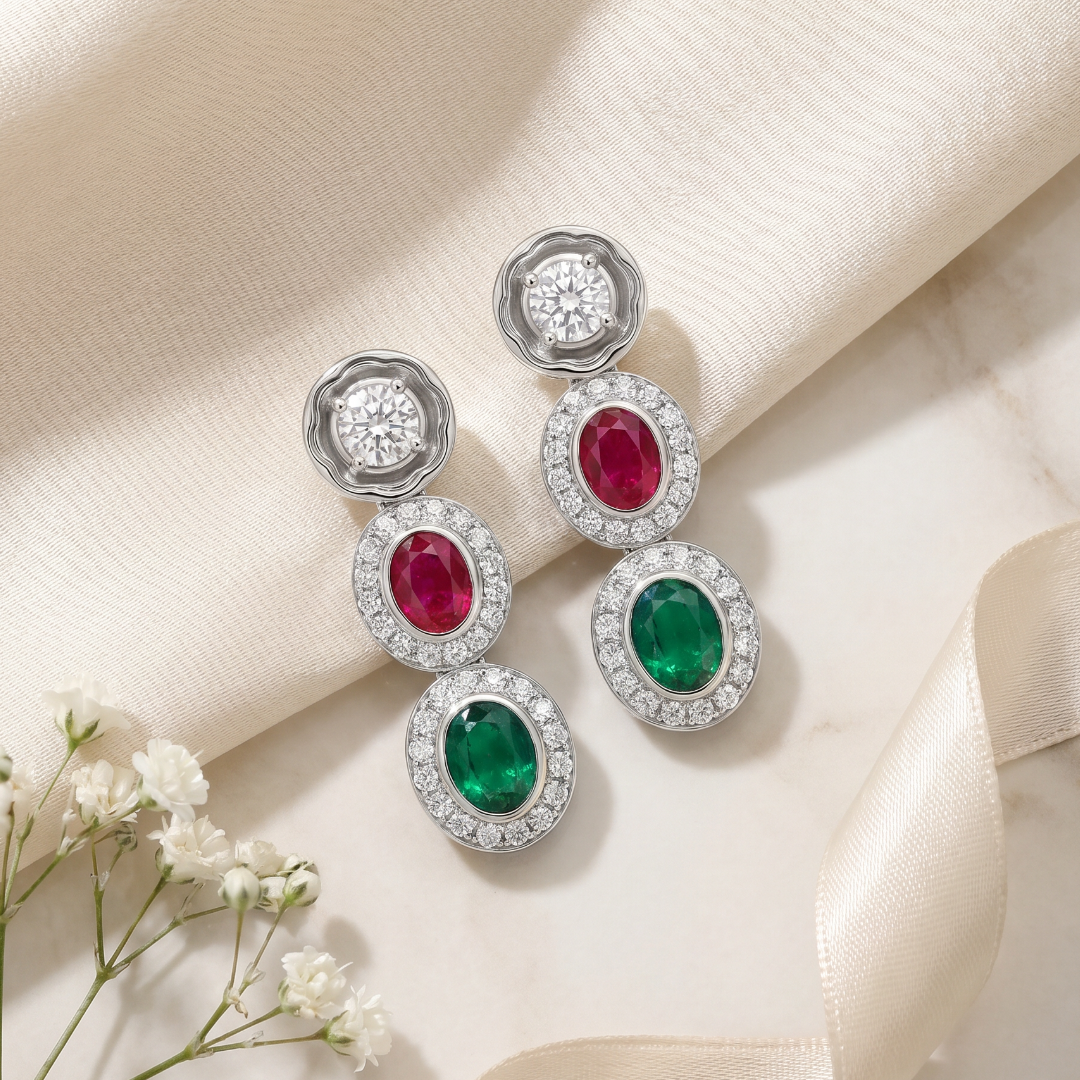 Triple Threat — Ruby Emerald Diamond Drop Earrings in Oxidised Silver