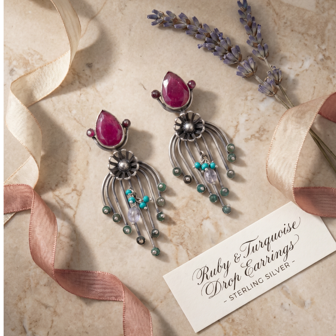 Garden Party — Ruby & Firoza Floral Drop Earrings in Oxidised Silver