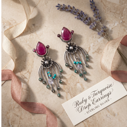 Garden Party — Ruby & Firoza Floral Drop Earrings in Oxidised Silver