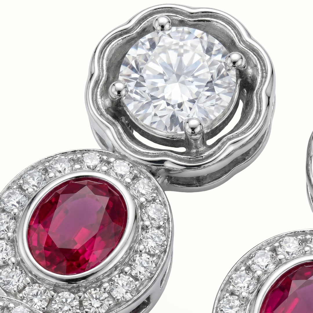 Triple Threat — Ruby Emerald Diamond Drop Earrings in Oxidised Silver