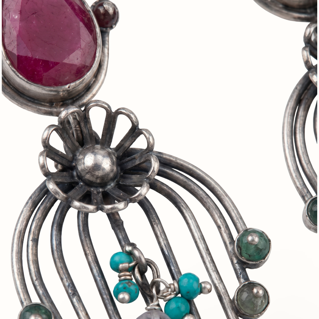 Garden Party — Ruby & Firoza Floral Drop Earrings in Oxidised Silver