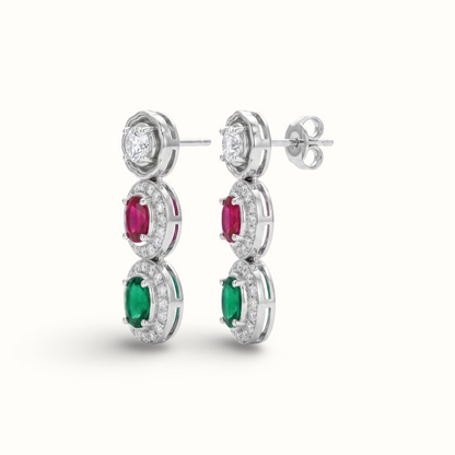 Triple Threat — Ruby Emerald Diamond Drop Earrings in Oxidised Silver