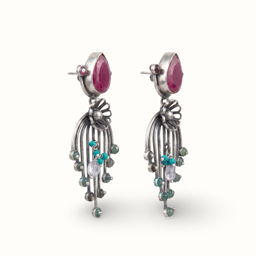 Garden Party — Ruby & Firoza Floral Drop Earrings in Oxidised Silver