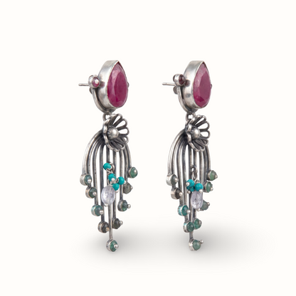 Garden Party — Ruby & Firoza Floral Drop Earrings in Oxidised Silver