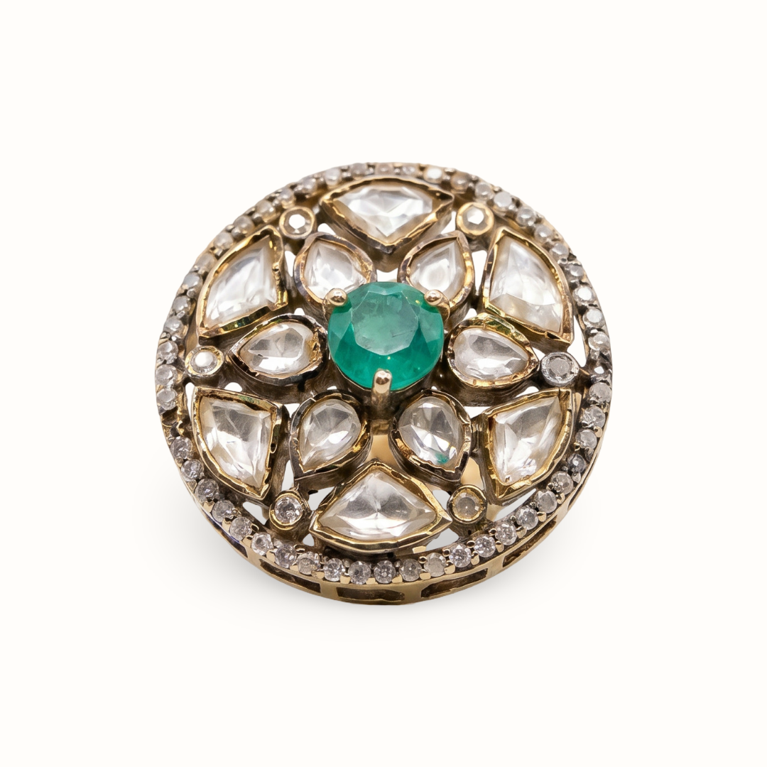 Centre of Attention — Kundan Floral Ring in Gold-Finish Silver