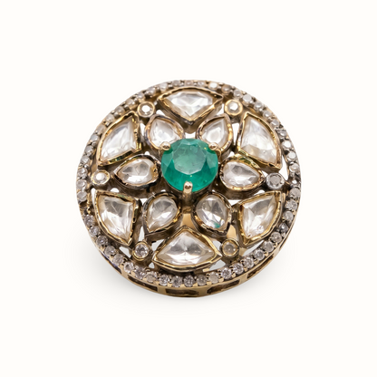 Centre of Attention — Kundan Floral Ring in Gold-Finish Silver