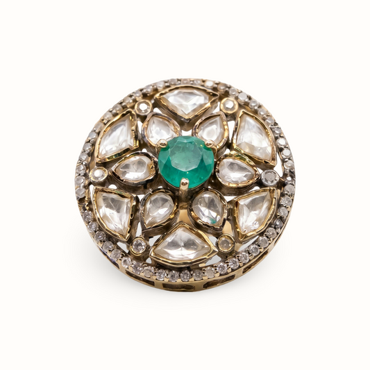 Centre of Attention — Kundan Floral Ring in Gold-Finish Silver