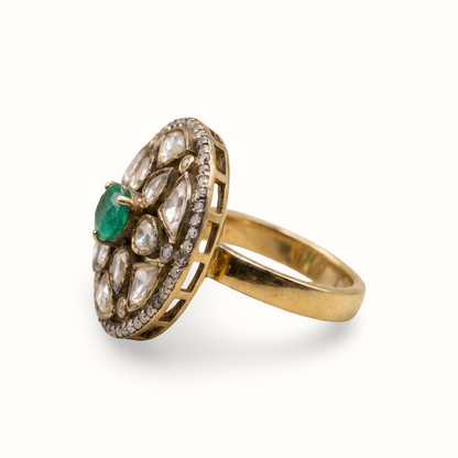 Centre of Attention — Kundan Floral Ring in Gold-Finish Silver