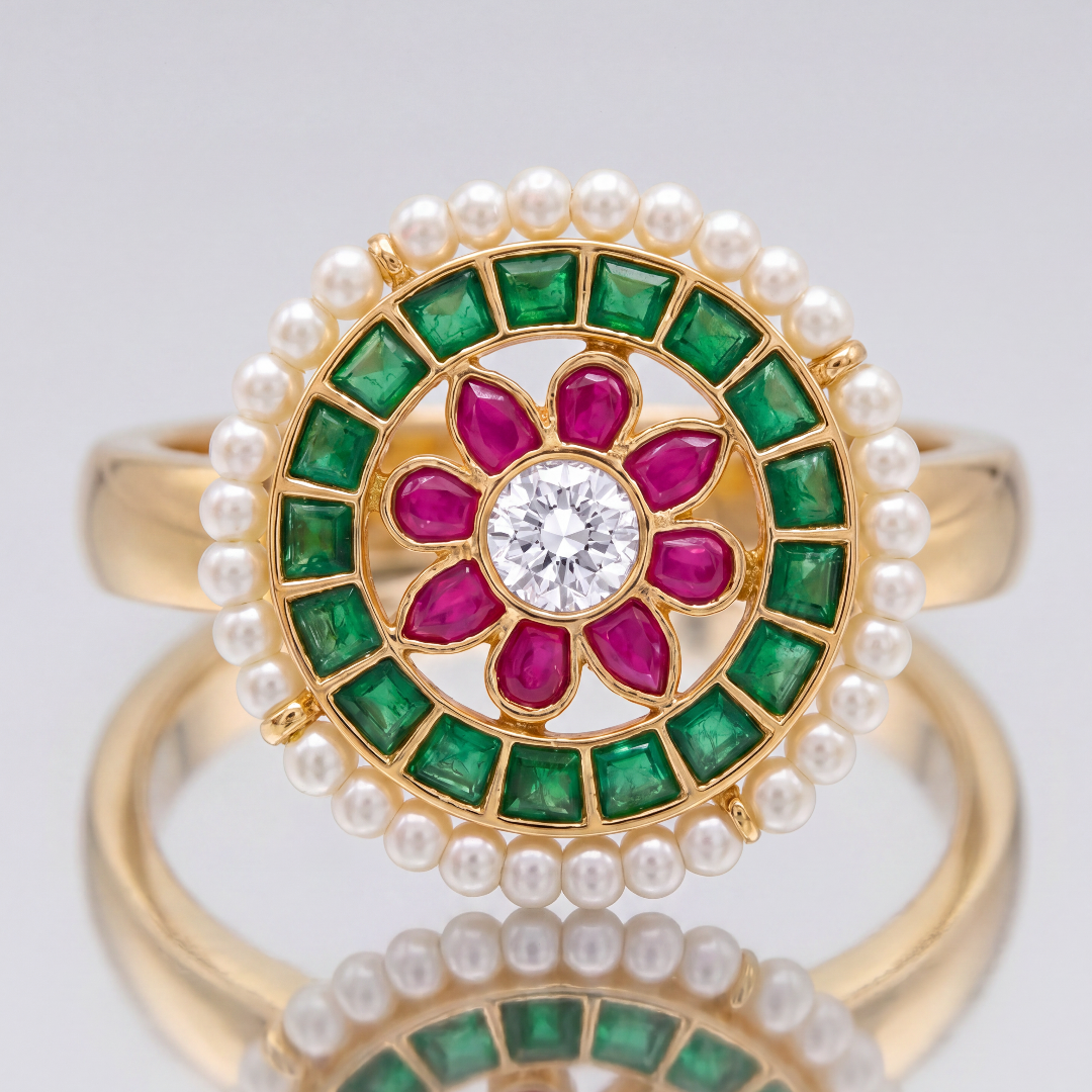 Full Bloom — Navratna Floral Ring in Gold-Finish Silver