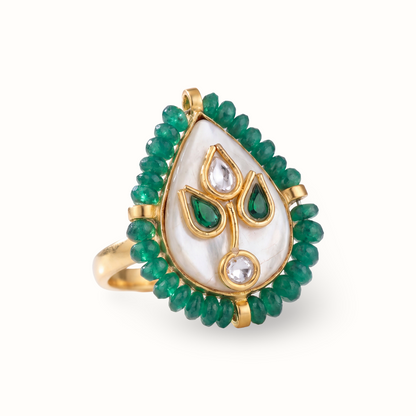 Garden Party — Kundan Mother of Pearl Ring in Gold-Finish Silver