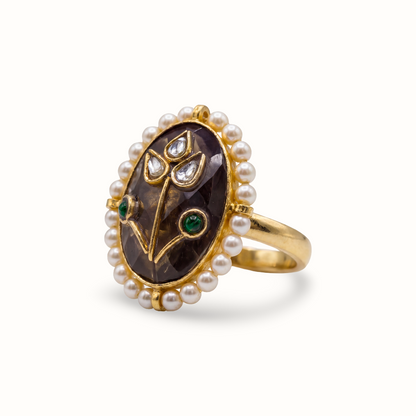 Garden Party — Kundan Floral Ring in Gold-Finish Silver