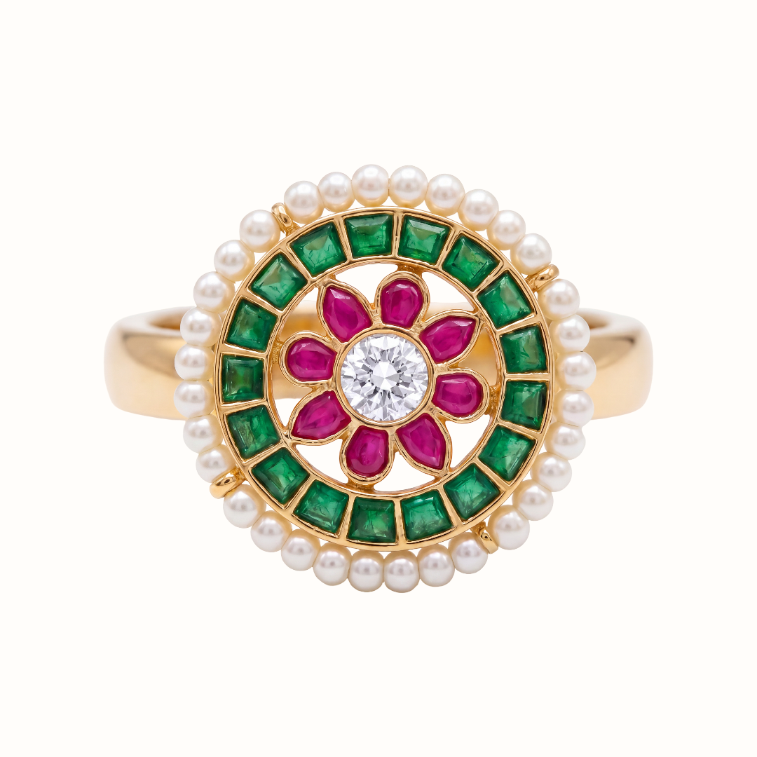 Full Bloom — Navratna Floral Ring in Gold-Finish Silver