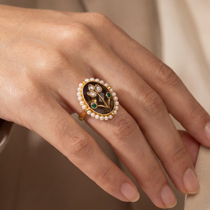 Garden Party — Kundan Floral Ring in Gold-Finish Silver