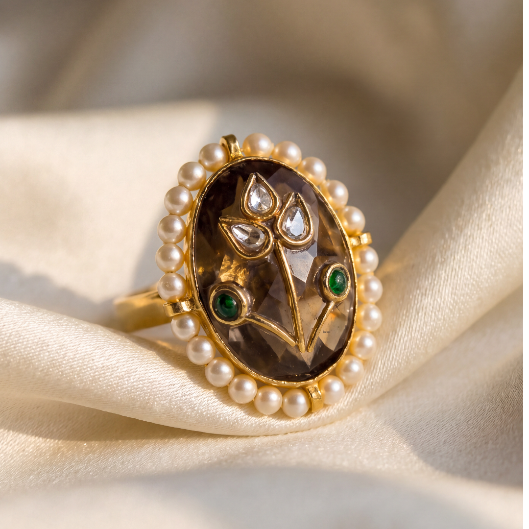 Garden Party — Kundan Floral Ring in Gold-Finish Silver