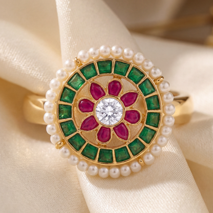 Full Bloom — Navratna Floral Ring in Gold-Finish Silver