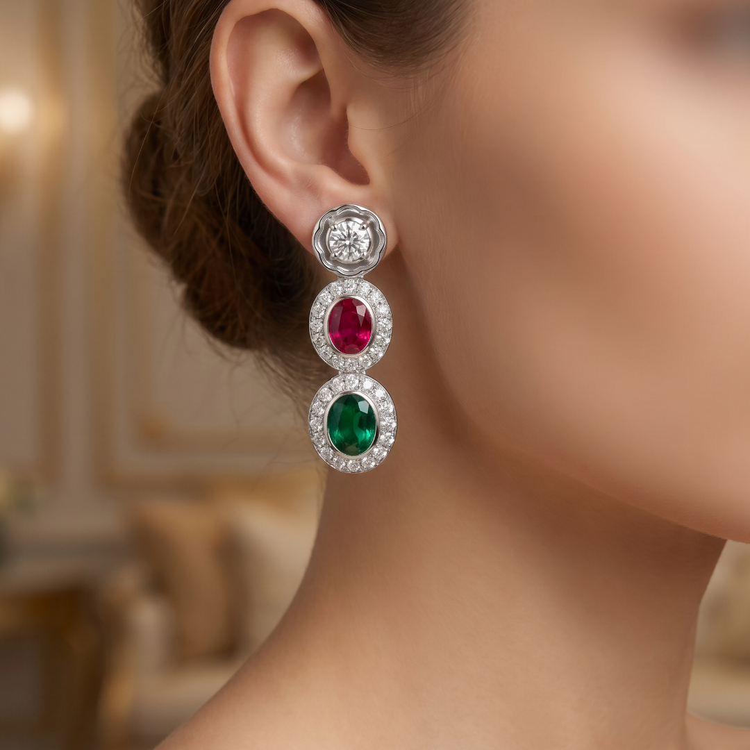 Triple Threat — Ruby Emerald Diamond Drop Earrings in Oxidised Silver