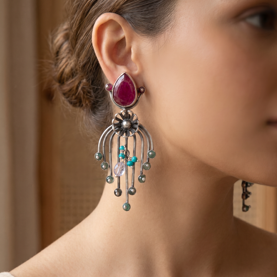 Garden Party — Ruby & Firoza Floral Drop Earrings in Oxidised Silver